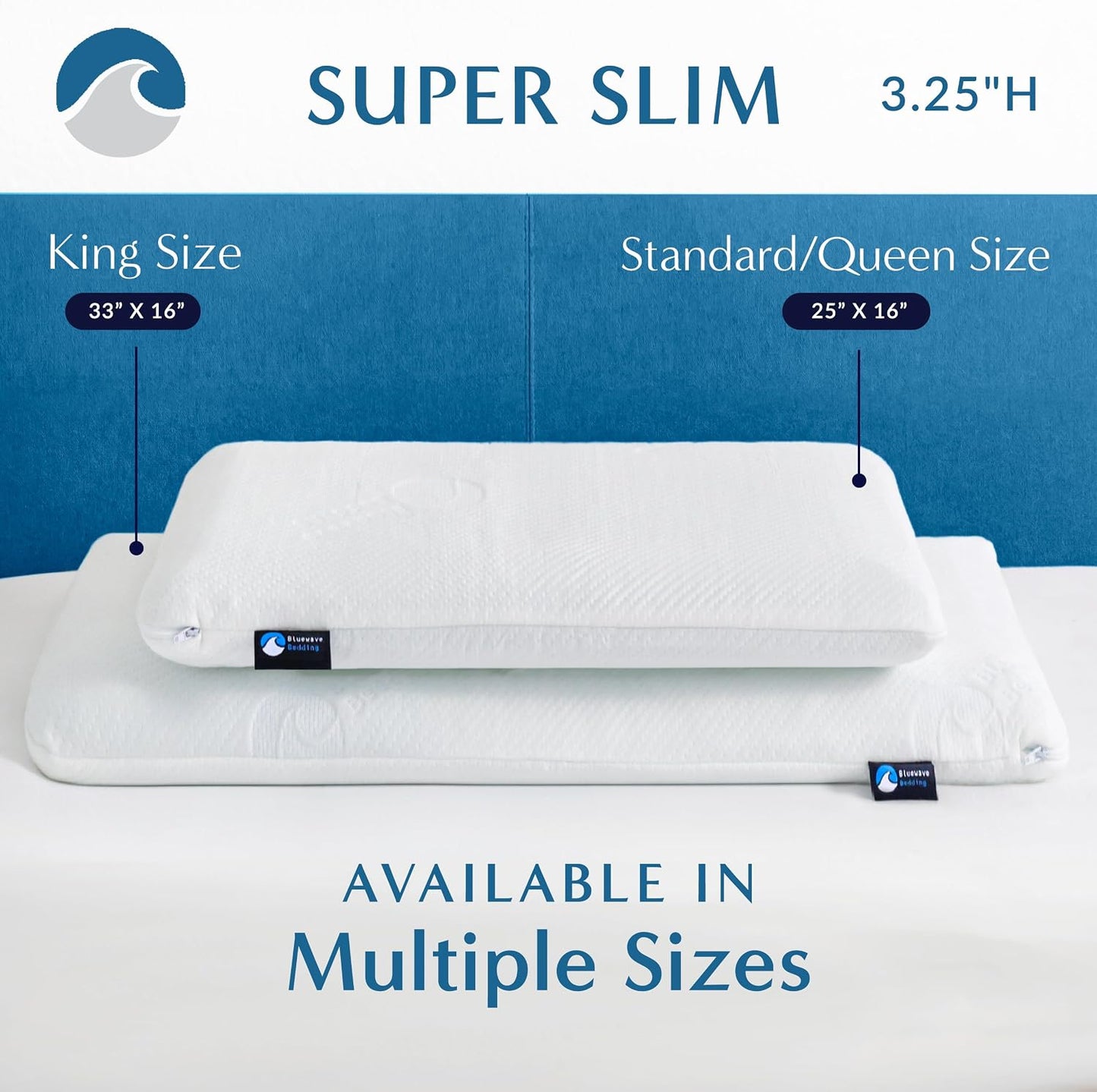 Bluewave Bedding Ultra Slim Gel Memory Foam Pillow for Stomach and Back Sleepers - Thin, Flat Design for Cervical Neck Alignment and Deeper Sleep (2.75-Inches Height, Standard Size)