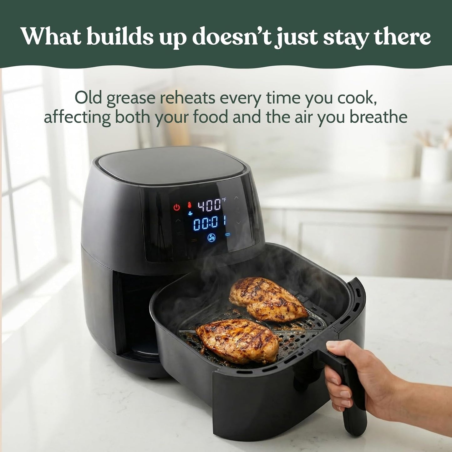 Roobi Air Fryer Cleaner, 6 Powder Sachets + Brush | Deep Cleans Drawer, Basket & Grill Without Scrubbing, Coating-Safe, Food-Contact Safe, Organic