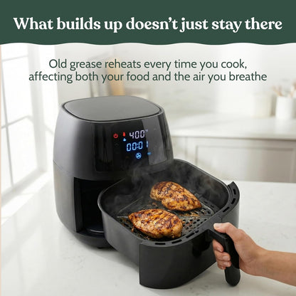 Roobi Air Fryer Cleaner, 6 Powder Sachets + Brush | Deep Cleans Drawer, Basket & Grill Without Scrubbing, Coating-Safe, Food-Contact Safe, Organic