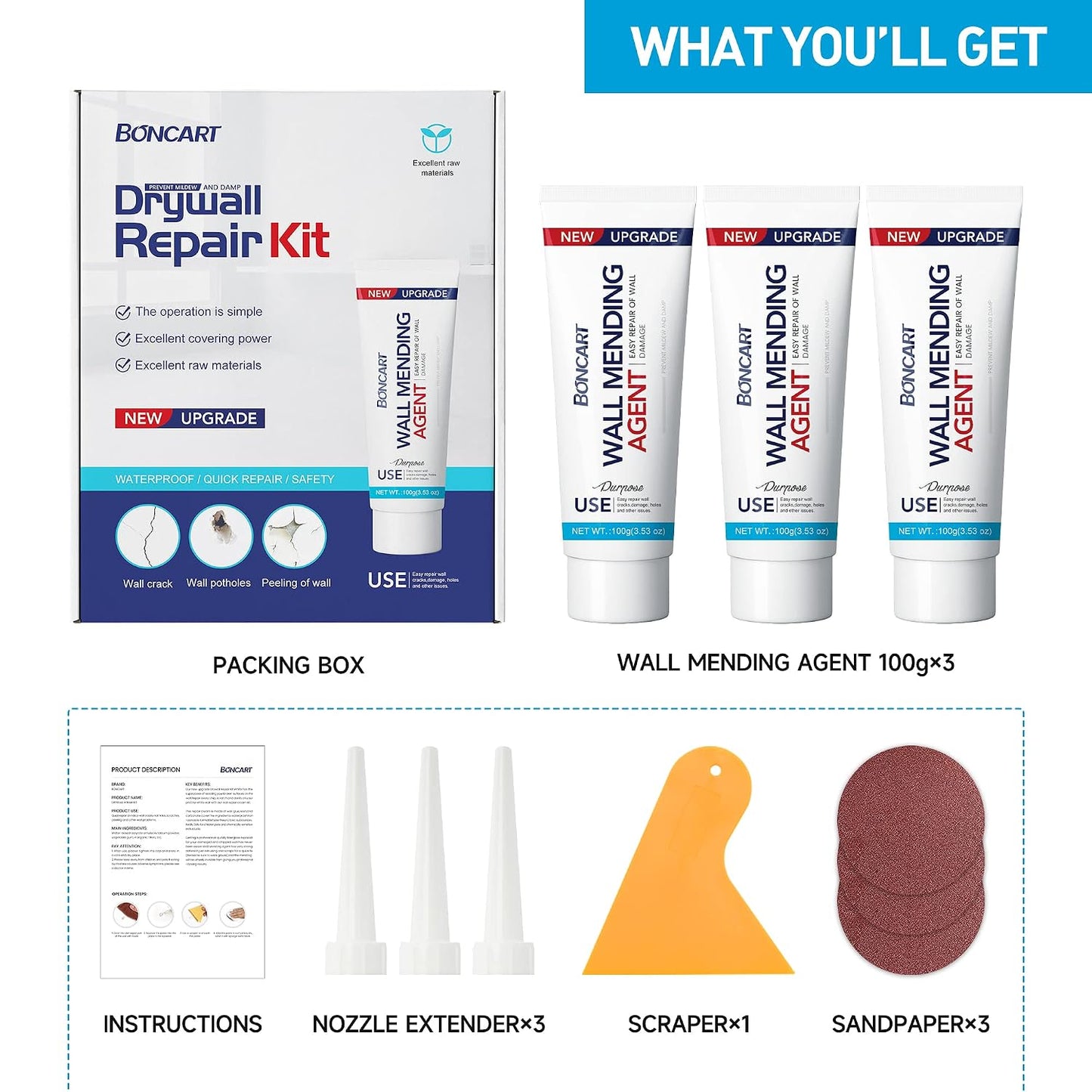 Drywall Repair Kit, 2-Pack Wall Mending Agent, Wall Spackle with Tools | Includes Scraper and Sandpaper. For Wall Surface Hole Fill, Quick And Easy Solution.