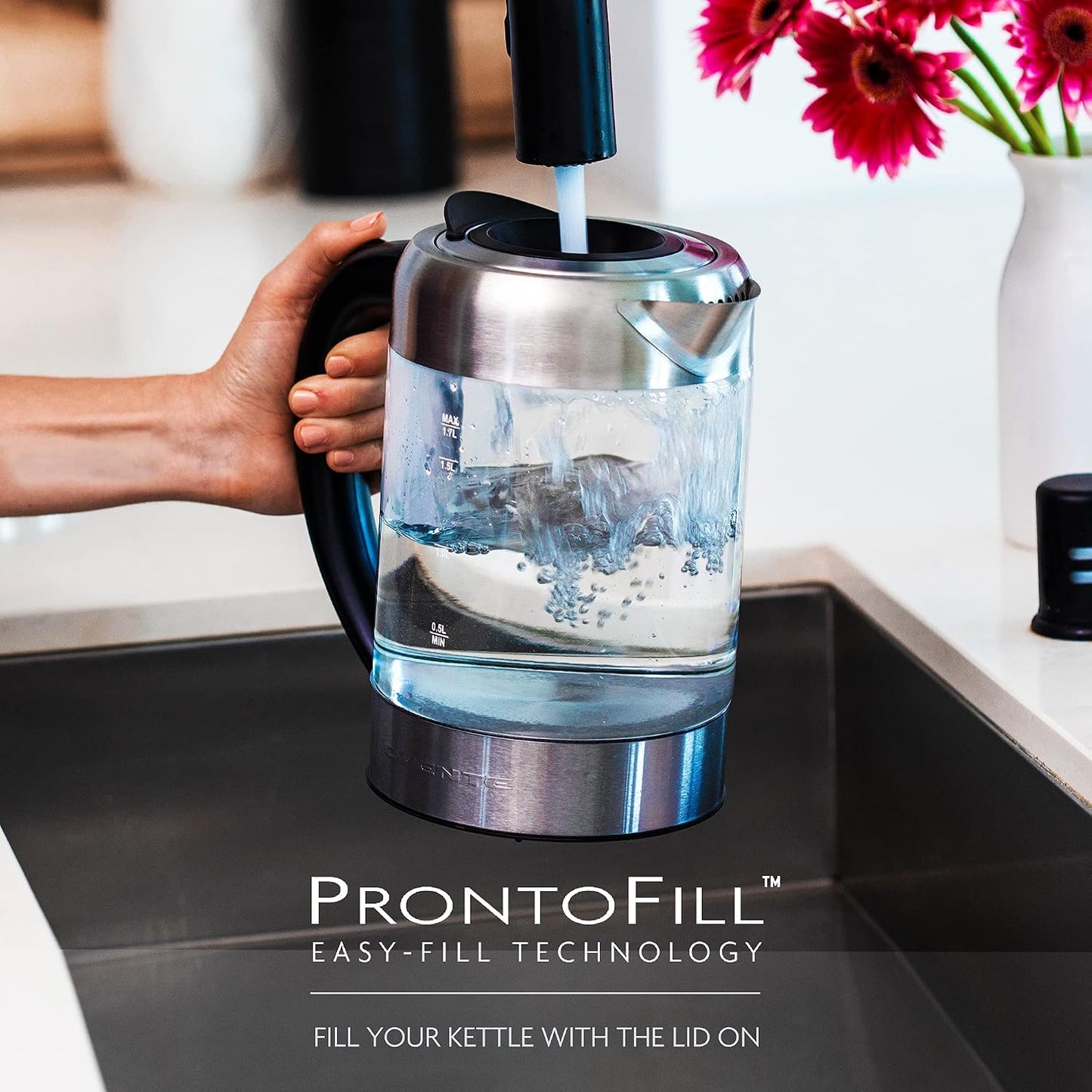 OVENTE 1.8L Glass Electric Kettle Water Boiler, Silver KG751S | 1500W Fast Boiling, Easy Fill Lid, Borosilicate Glass, BPA-Free, Blue LED, Auto Shut-Off, Boil-Dry Protection, Cordless