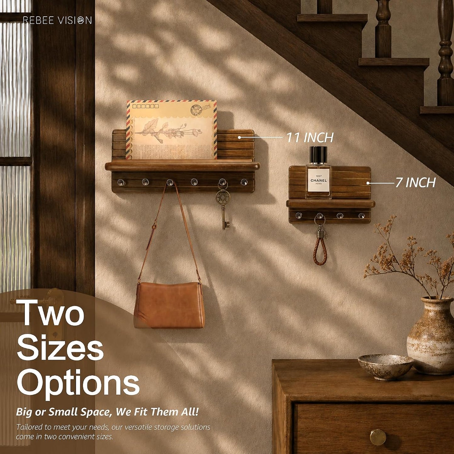 Rebee Vision Pine Wood Key Holder Wall Mount with Shelf for Entryway, Brown | 6 Key Hooks, Round Corner, Smooth&Hand-Friendly, Clear Wood Texture, Space-Saving Design, Organize Mail & Letter
