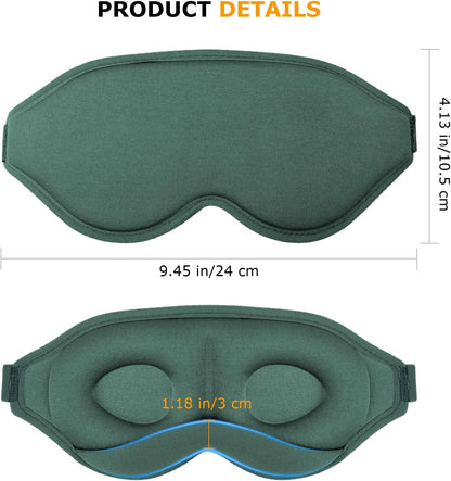 Sleep Mask for Side Sleepers, 3D Contoured Eye Mask with Thickened Padded Nose Bridge for Total Light Blockout, Relaxing Sleeping Mask with Adjustable Strap for Nap, Travel, Hotel, Yoga,Green