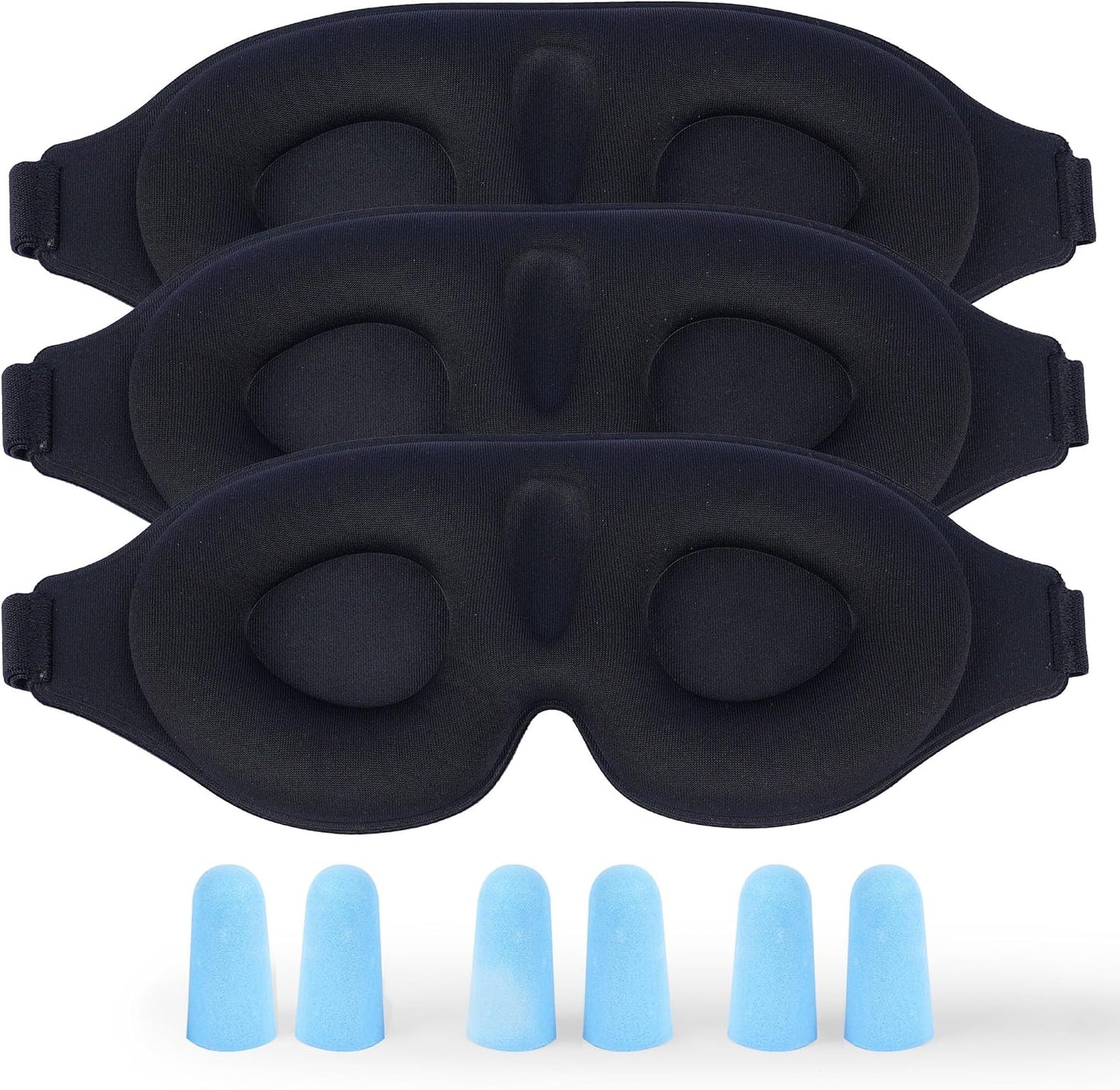 3 Pack 3D Contoured Sleep Eye Mask - with 3 Pack Ear Plugs – Soft Breathable Blackout Sleeping EyeMask for Men Women Adults – Lightweight Zero Pressure Eye Cover for Travel Naps Night Shift Meditation