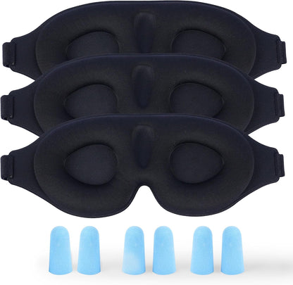 3 Pack 3D Contoured Sleep Eye Mask - with 3 Pack Ear Plugs – Soft Breathable Blackout Sleeping EyeMask for Men Women Adults – Lightweight Zero Pressure Eye Cover for Travel Naps Night Shift Meditation