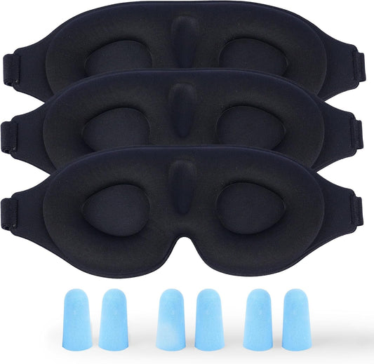 3 Pack 3D Contoured Sleep Eye Mask - with 3 Pack Ear Plugs – Soft Breathable Blackout Sleeping EyeMask for Men Women Adults – Lightweight Zero Pressure Eye Cover for Travel Naps Night Shift Meditation