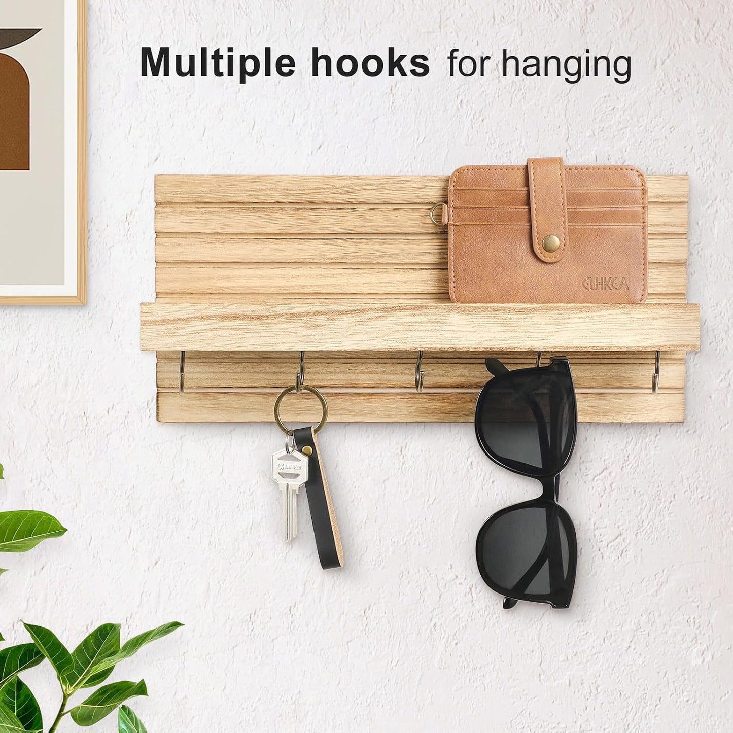 Lwenki Decorative Key Holder for Wall with Shelf, Entryway Shelf with Hooks Holds Leashes, Jackets and Glasses – Sturdy Wood Keyholder Entrance Hanger with Mounting Hardware (Black, Medium)