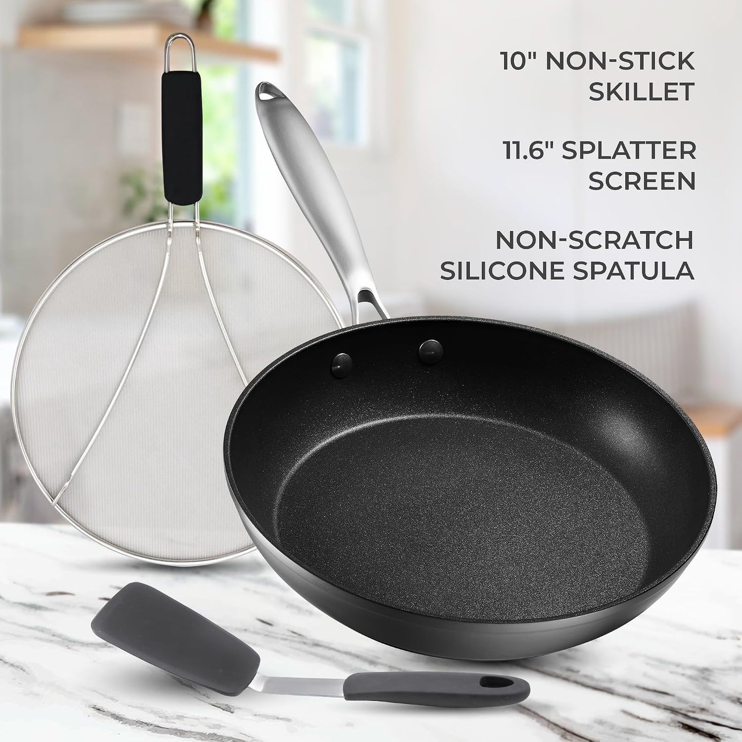Frying Pan Nonstick - 10" Non Stick Frying Pan with Lid Splatter Screen - Lightweight Aluminum Fry Pan Skillet Includes Spatula - 2" Deep Egg Pan, PFAS-Free and PFOA Free, Dishwasher Safe, Oven Safe