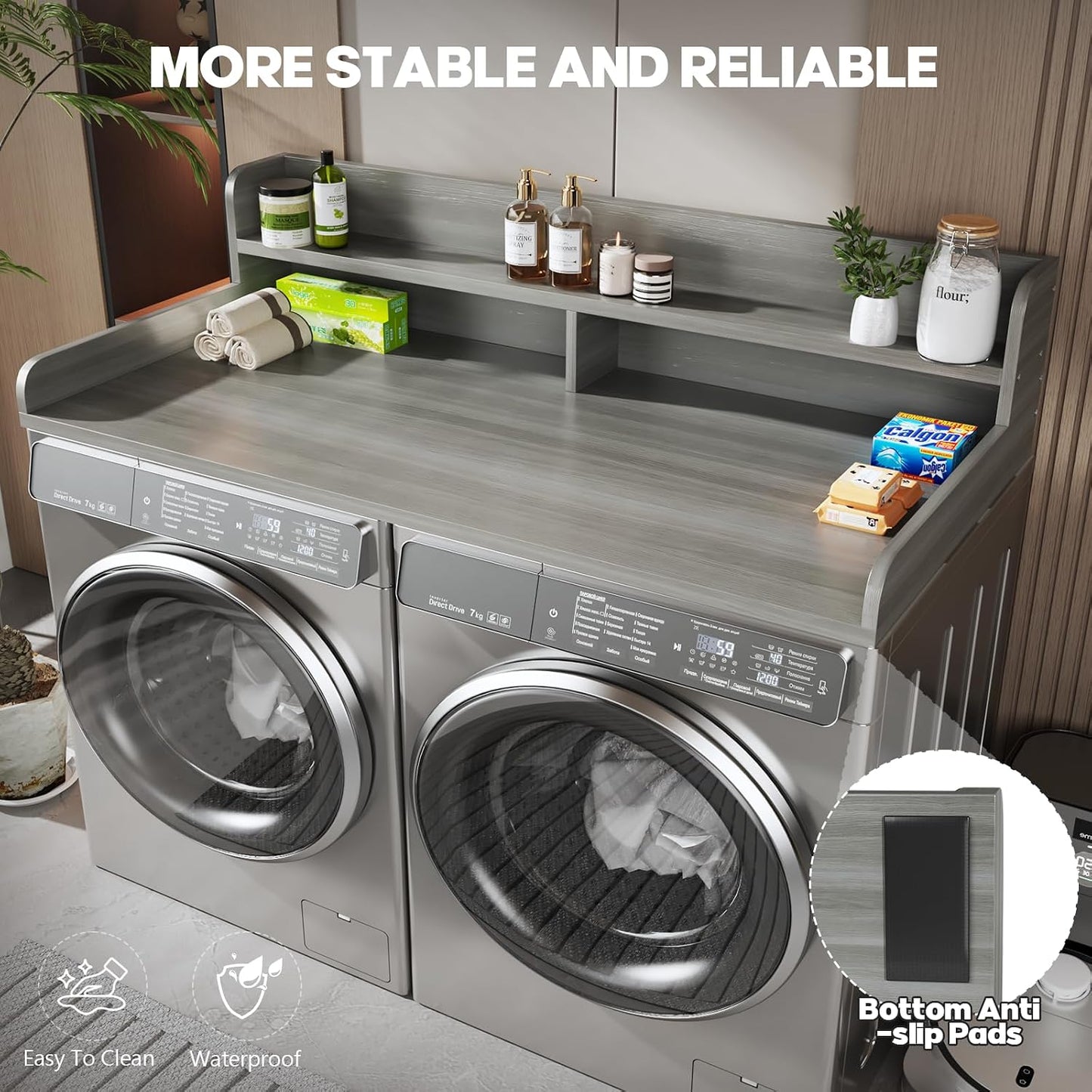 2-Tier Washer and Dryer Countertop with 2.75" H Guard,54" W x 27.5" D Laundry Countertop Cover with Non-Slip Pad,Large Space Laundry Topper for Folding Clothes Over Washer and Dryer-White