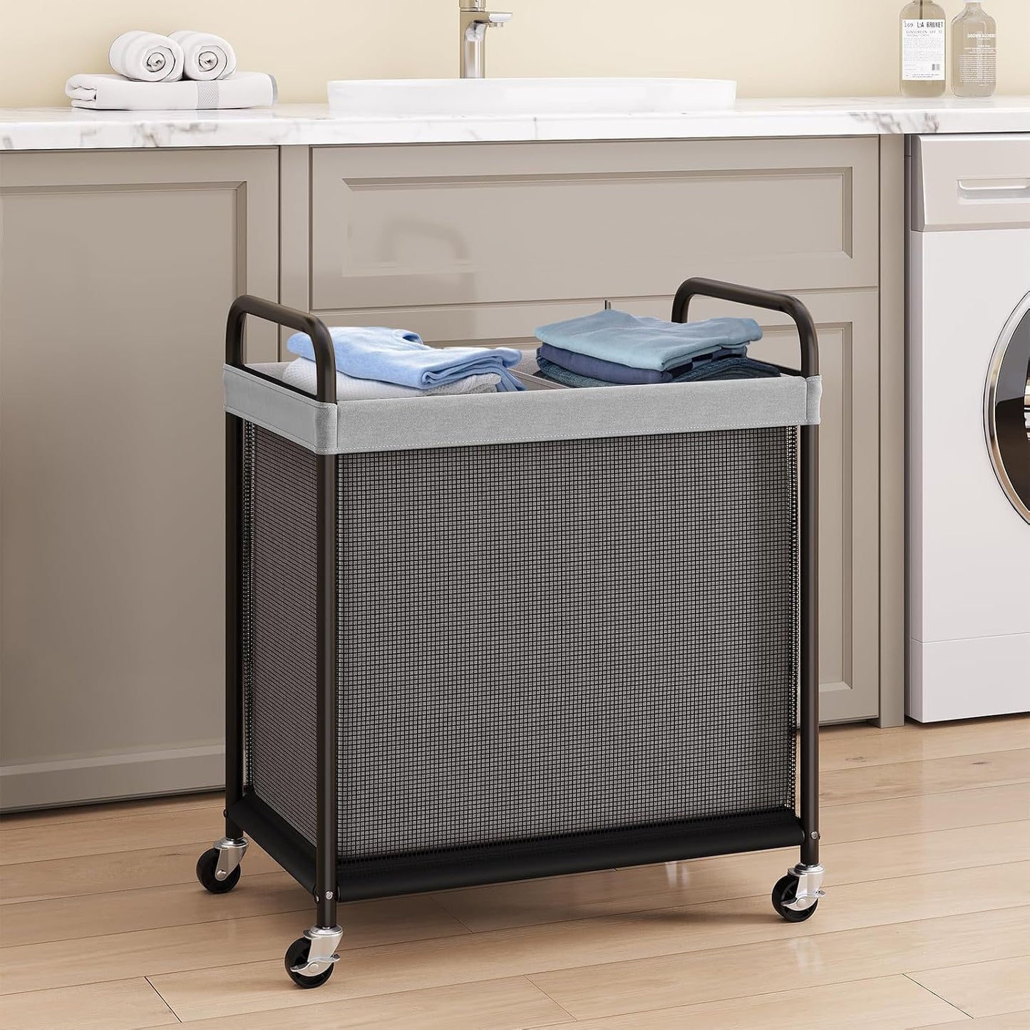 ELYKEN Laundry Hamper 2 Section, 100L Rolling Laundry Sorter with Wheels | Removable Washable Liner Bags, Sturdy Steel Frame and Metal Handle, Double Compartment Clothes Organizer for Laundry Sorting