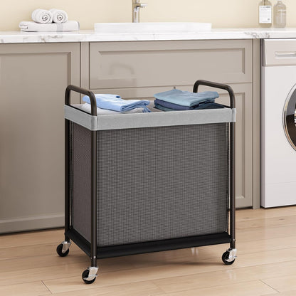ELYKEN Laundry Hamper 2 Section, 100L Rolling Laundry Sorter with Wheels | Removable Washable Liner Bags, Sturdy Steel Frame and Metal Handle, Double Compartment Clothes Organizer for Laundry Sorting