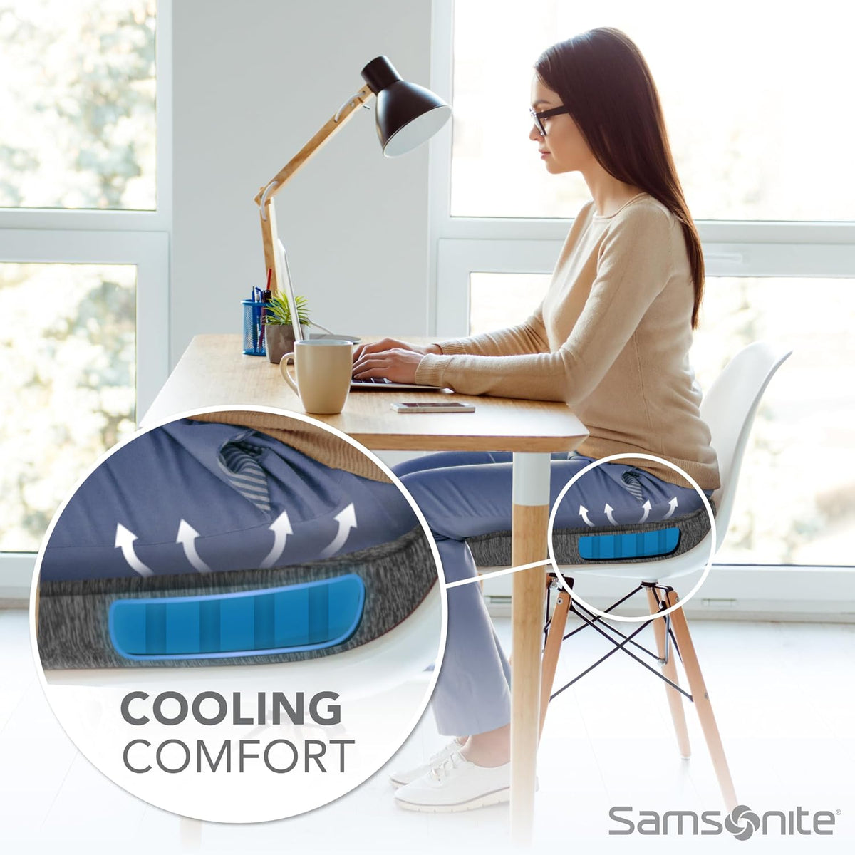 Samsonite Memory Foam Seat Cushion – Ergonomic Cushion for Office Chair, Tailbone Pressure Pad, Coccyx Support for Sciatica, Supportive Seat for Car, Desk, and Gaming Chairs, Black
