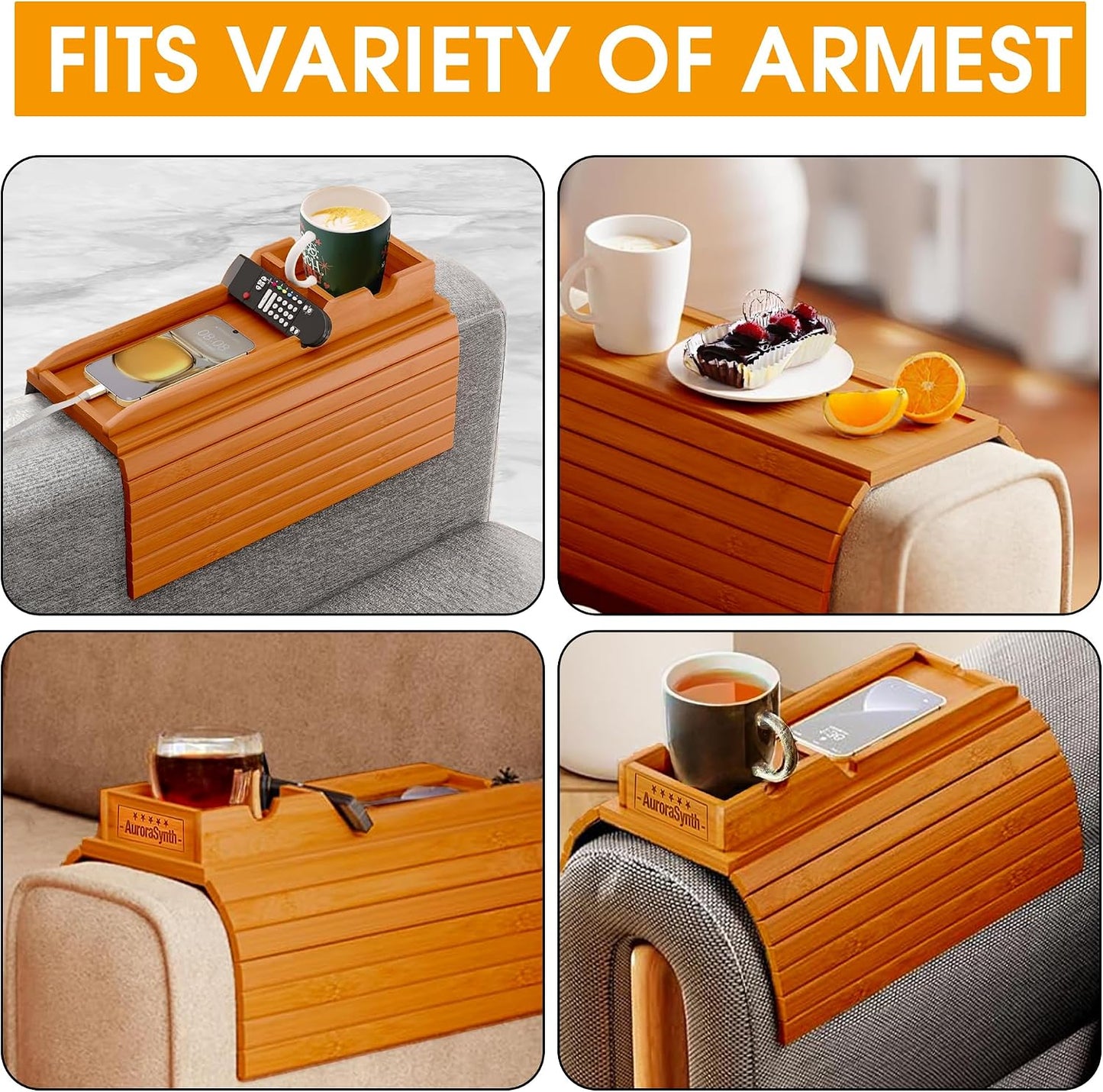 Bamboo Couch Cup Holder, 2 Cork Coasters, Anti-Slip Foldable Couch Arm Tray | 2 in 1 Foldable Sofa Arm Tray, Couch Armrest Table, Anti-Spill Couch Arm Table for Drinks TV Remote Cellphone Snacks