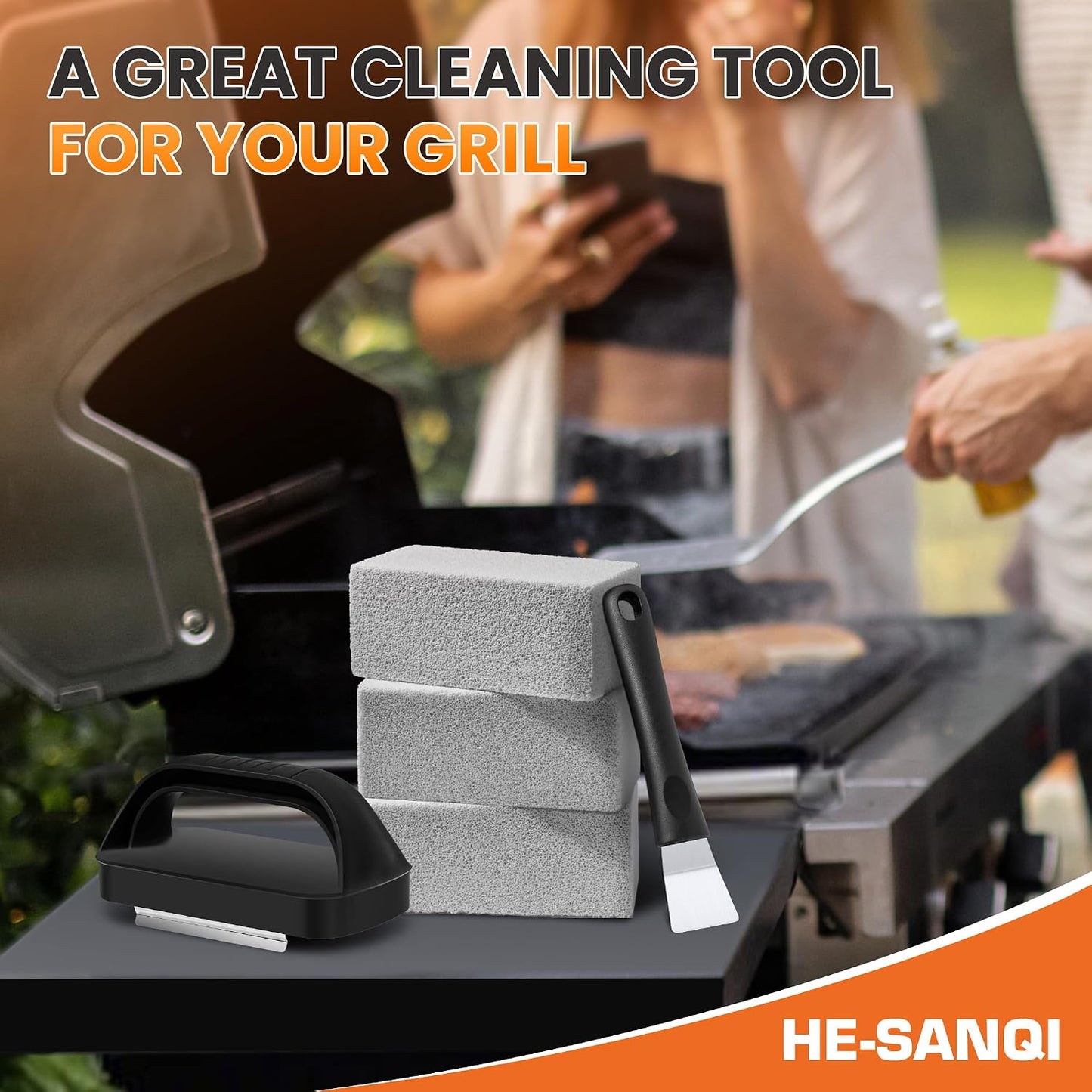 Grill Brick for Cleaning Flat Top, Heavy Duty Grill Stone Griddle Brick | Pumice Grill Cleaning Brick with Handle & Scraper, Griddle Cleaner for Removing Stubborn Grease, Rust (5 PCS)