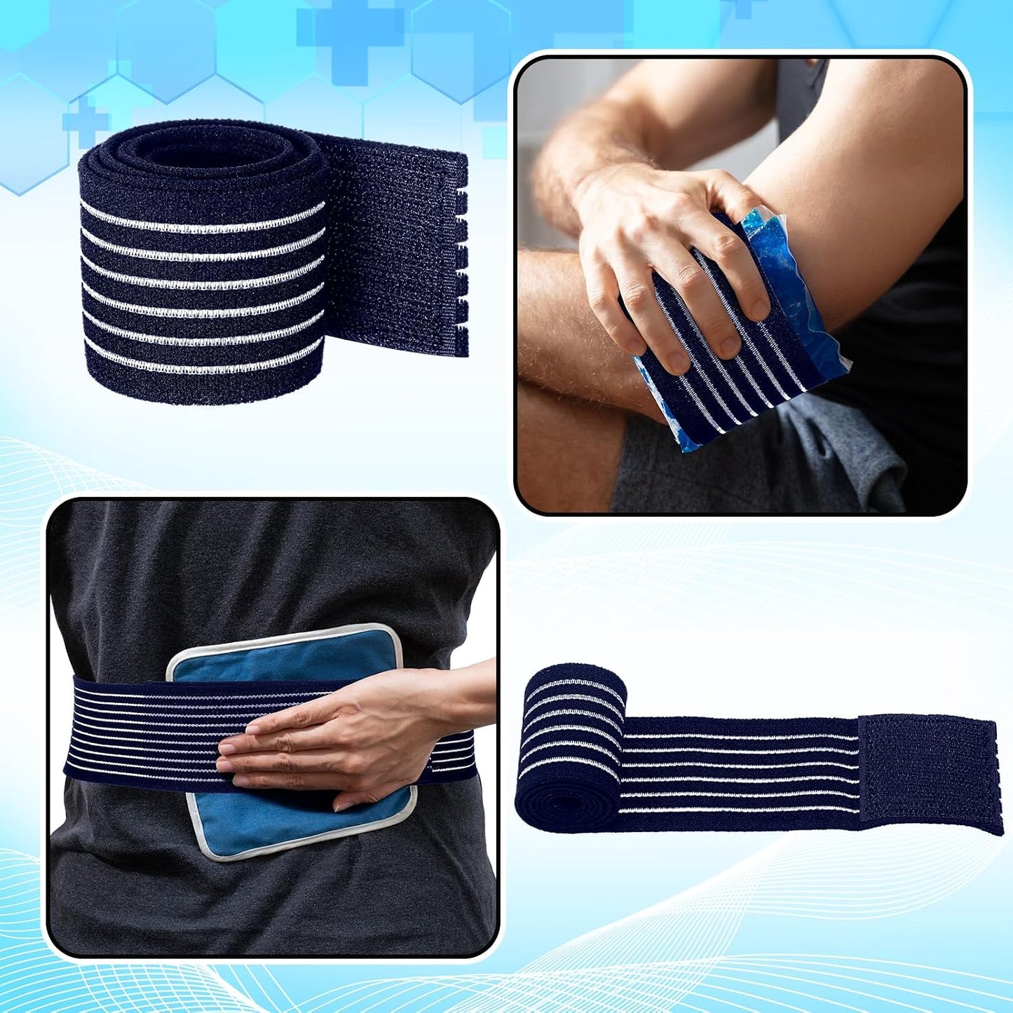 Geiserailie Ice Pack Strap Stretchable, 4 Size Elastic Reusable Ice Belt Extender, Adjustable Hook and Loop Extension Straps Add Length to Most Hot Cold Therapy (4 Pcs,Blue)