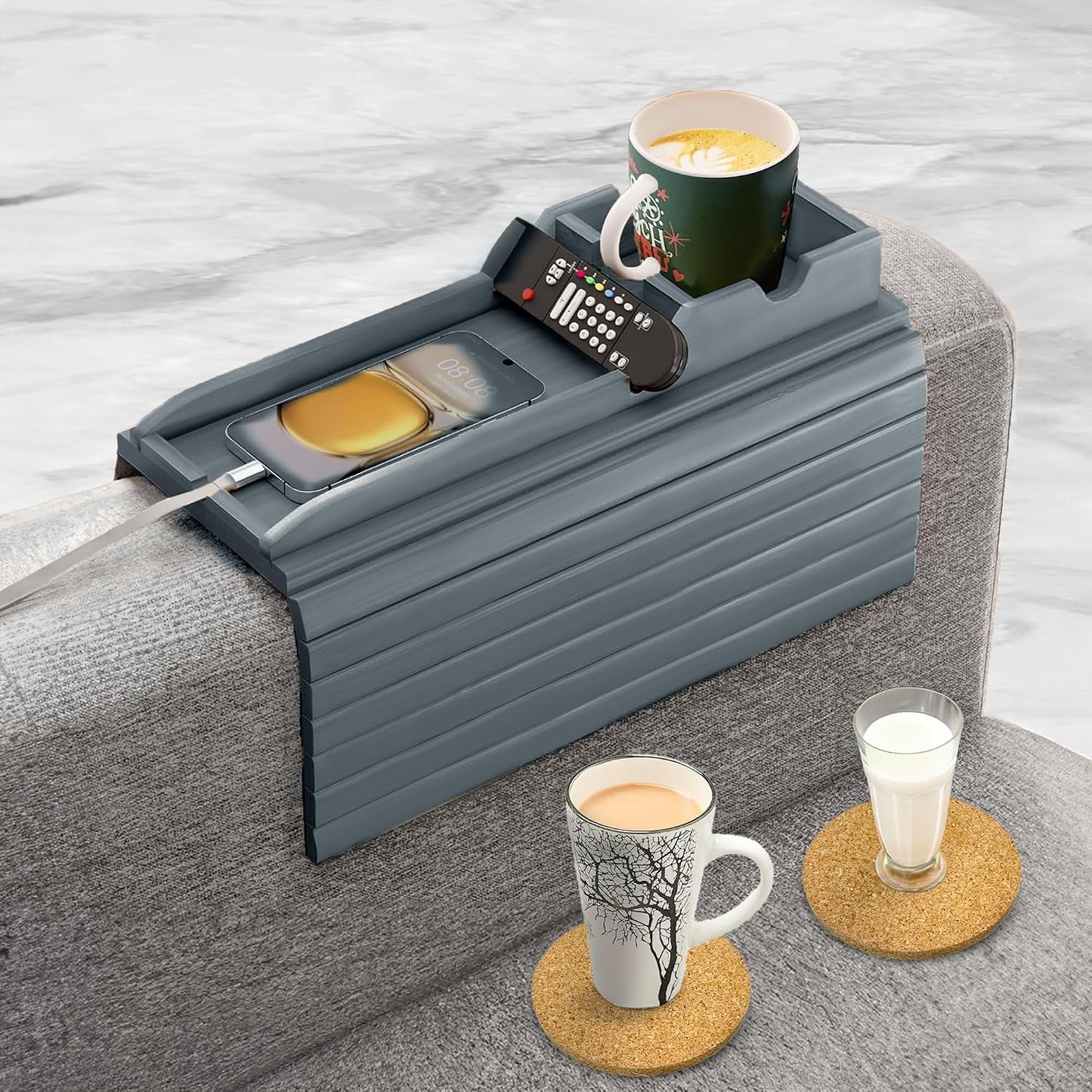 Bamboo Couch Cup Holder, 2 Cork Coasters, Anti-Slip Foldable Couch Arm Tray | 2 in 1 Foldable Sofa Arm Tray, Couch Armrest Table, Anti-Spill Couch Arm Table for Drinks TV Remote Cellphone Snacks