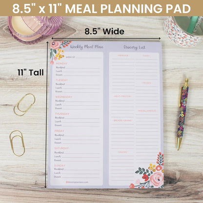 bloom daily planners Horizontal Weekly Magnetic Meal Planning Pad for Fridge with Tear-Off Grocery Shopping List - Hanging Food/Menu Organizer Notepad with Magnets - 8.5” x 11” - Lemons