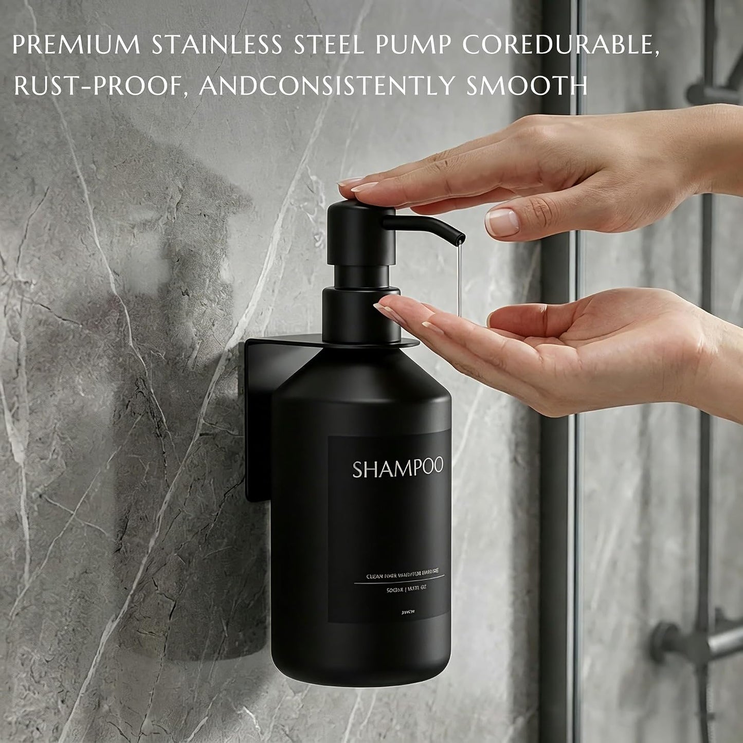 Shampoo and Conditioner Dispenser Set of 3 for Wall Mount | 16.9 fl oz Drill Free Shower Soap Bottles,Refillable Body Wash Dispensers for Bathroom Decor (Amber Bottles + Bamboo Pumps)