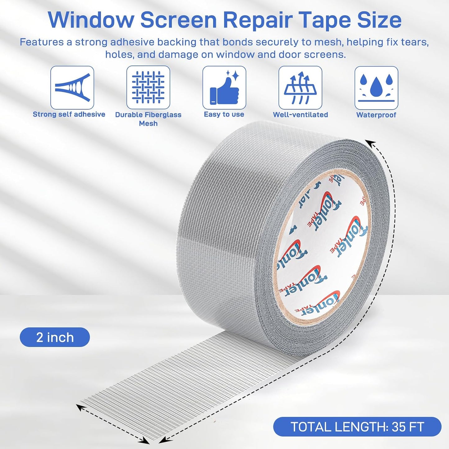 Gray Fiberglass Screen Mesh Patch Tape 2" x 35FT Strong Adhesive Repair Kit | Strong adhesive fiberglass mesh repair kit for screen holes and tears, easy to cut and apply, waterproof indoor outdoor