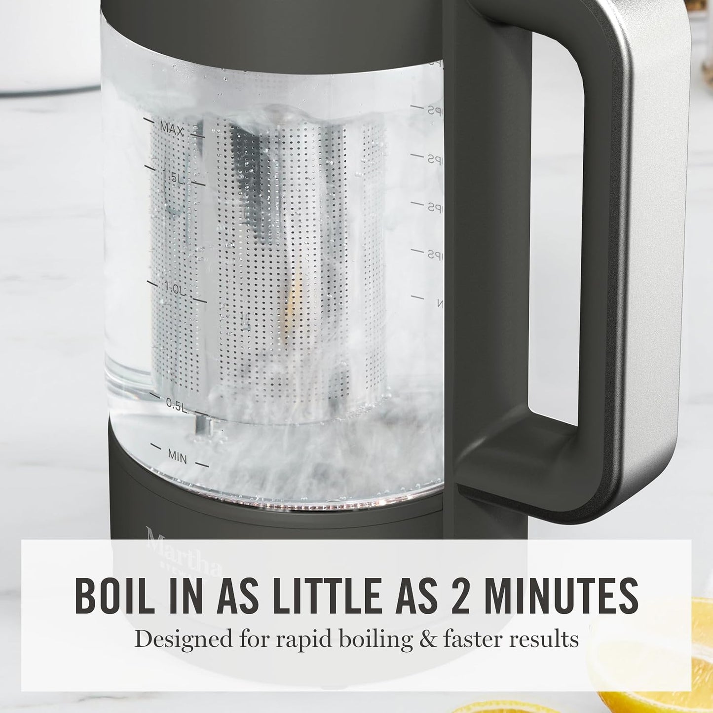 Martha Stewart 1.7L Glass Carafe Electric Kettle with Removable Tea Infuser | 7 Cups, 4 Presets, Rapid Boiling, Stainless Steel Tea Leaf Infuser, Cordless Swivel Base, Keep Warm, Auto Shut-Off, Linen