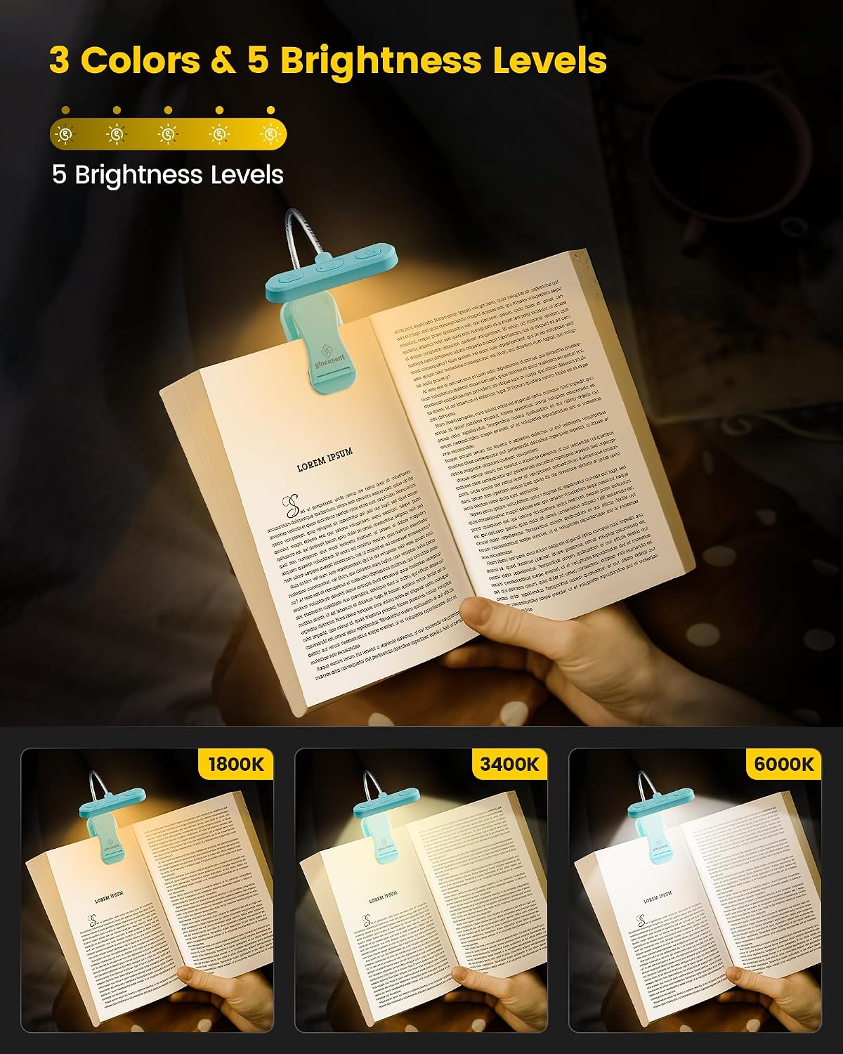 Glocusent Rechargeable Book Light, Clip on Light for Bedtime Reading