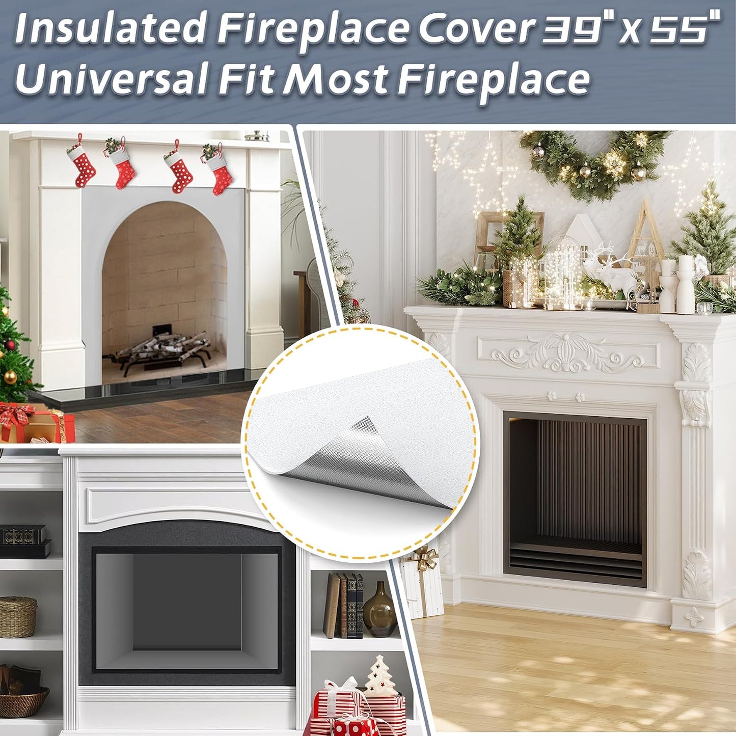 Flamorrow Fireplace Cover, 3-Layer Heat Insulation Fireplace Draft Stopper with Velcor Strips, Indoor Fireplace Draft Blocker Keep Drafts Out & Stop Heat Loss, Covers Up to 39" x 55" Fireplace Frame