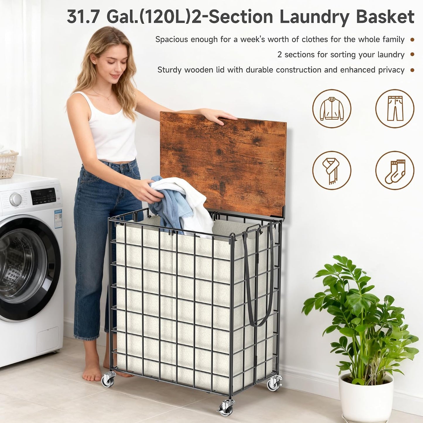 90L Laundry Basket with Wheels, Large Capacity Laundry Hamper with Removable Liner Bags, Heavy Duty Laundry Sorter with Solid Wood Lid & Leather Handles, Grey