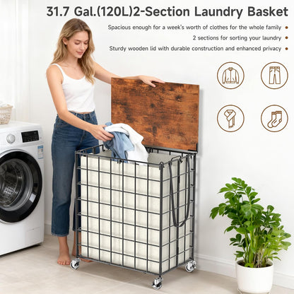 90L Laundry Basket with Wheels, Large Capacity Laundry Hamper with Removable Liner Bags, Heavy Duty Laundry Sorter with Solid Wood Lid & Leather Handles, Grey