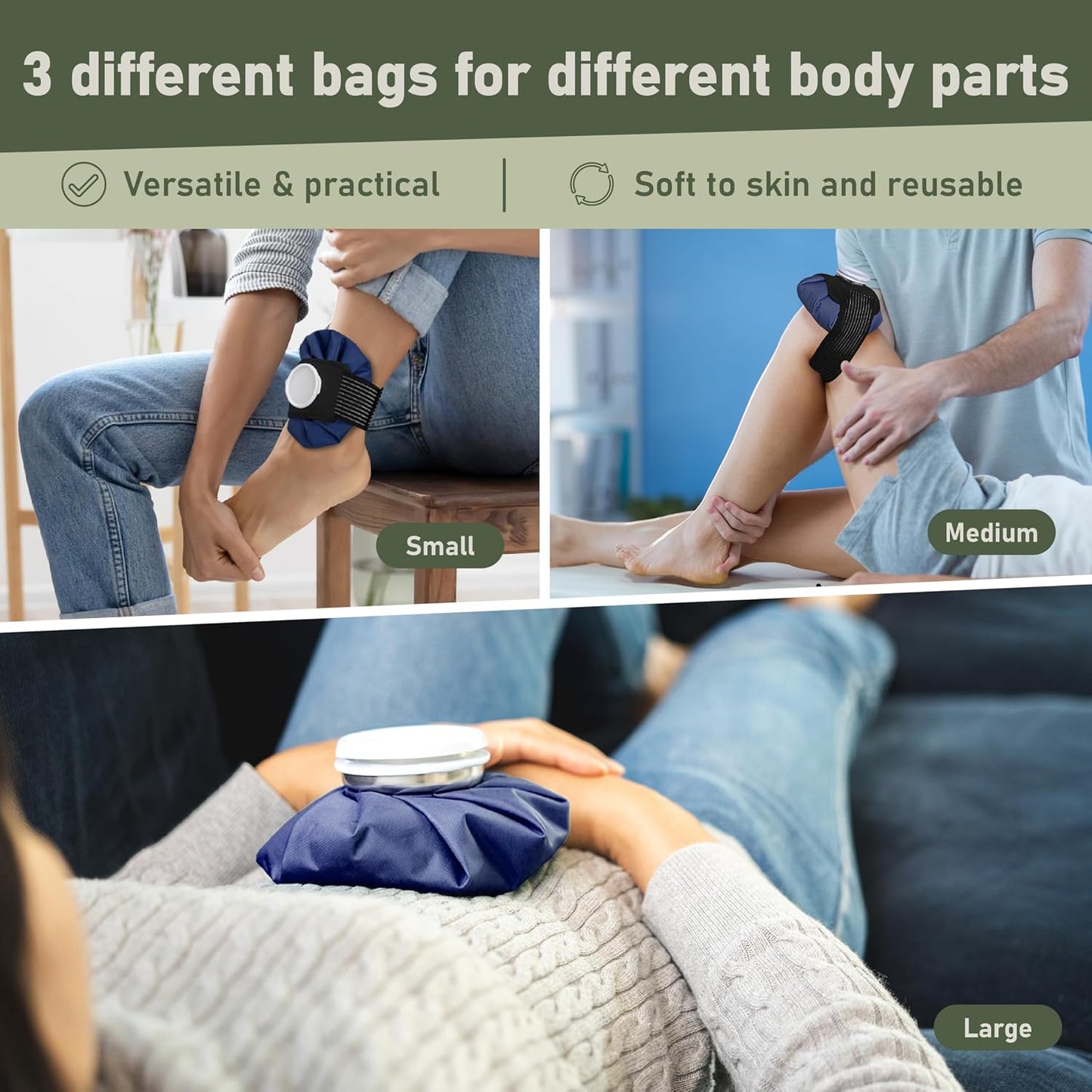 Ice Bags Set of 3 with Straps, Reusable Hot & Cold Packs | Dual hot water bag for pain relief and soft ice packs for injuries, includes 3 bags and 2 hands-free straps