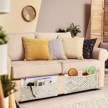JaGely 2 Pcs 17.3 x 13 Inch Macrame Bedside Caddy Storage Organizer Hanging Boho Remote Control Holder Bedside Storage Basket for Home Couch Tablet Magazine Holder for TV Remote Control Living Room