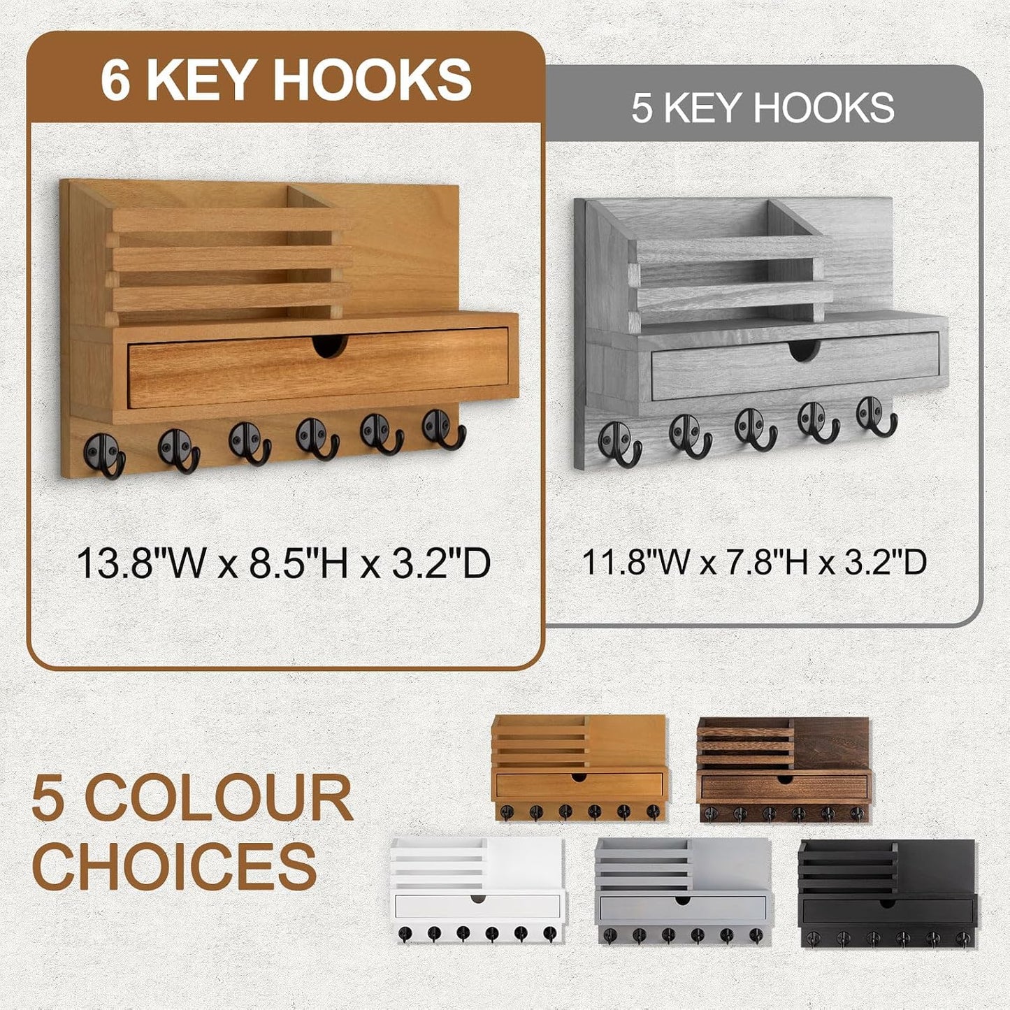 Key Holder Wall Mount, Mail Holder with Storage Drawer | Key and Mail Holder with 5 Key Hooks for Coat, Dog Leash, Home Decor Rack, House Accessories, Entry Way Organizer