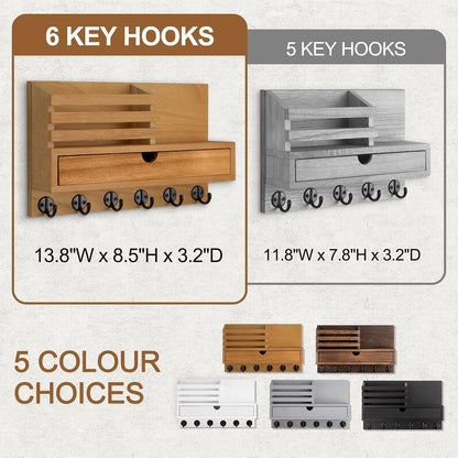 Key Holder Wall Mount, Mail Holder with Storage Drawer | Key and Mail Holder with 5 Key Hooks for Coat, Dog Leash, Home Decor Rack, House Accessories, Entry Way Organizer