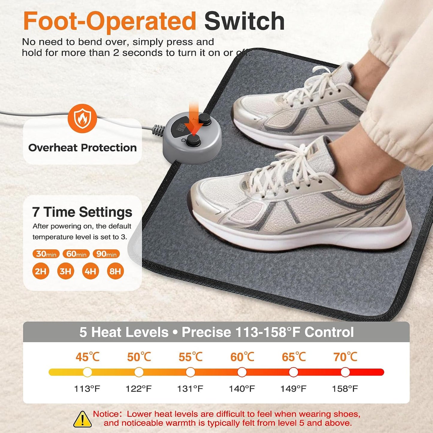 Foot Warmer, Heated Foot Mat Under Desk, 5 Temperature Settings & 7 Timer Settings, Auto Shut-Off & Fast Heating, Heated Foot Pad for Home & Office Use(Black Gray) | 5 Temperature & 7 Timer Settings, Fast Heating with Auto Shut-Off, Keeps Feet Warm and