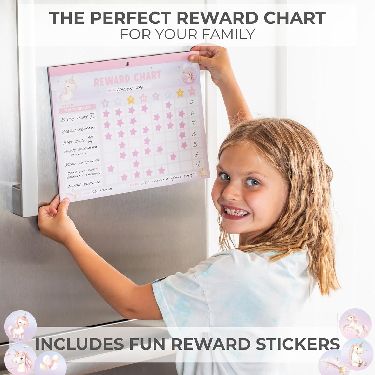 ZICOTO Fun Magnetic Reward Chart for Kids - Unicorn Chore Chart for Girls | Motivational Behavior and Responsibility Tracker with Stickers Encourages Good Habits at Home - Creates a Fun Daily Routine