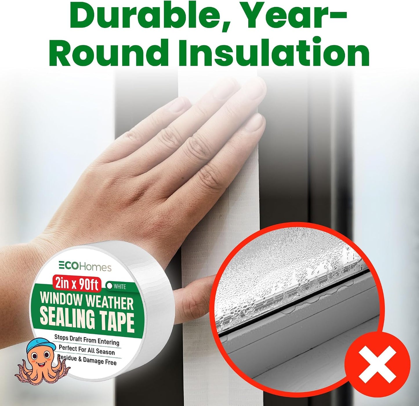 ECOHomes Window Weather Sealing Tape (2 Inch Wide x 90 Ft, Clear) | Weather Stripping Tape, To Stop Drafts Through Window Gaps and AC Units, Insulation Seal for Home and Air Conditioners