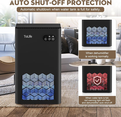 ToLife Dehumidifier for Home, 1000 sq.ft Dehumidifiers for Bedroom Bathroom Basement with 95 OZ Water Tank, Auto Shut Off 7 Colors LED Light, White Black