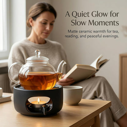 Ceramic Teapot Warmer with Removable Candle Spoon, Tea Pot Warmer Base | Deep matte black finish; 4.72 in low-profile base fits flat-bottom glass or ceramic teapots and uses a standard tealight.