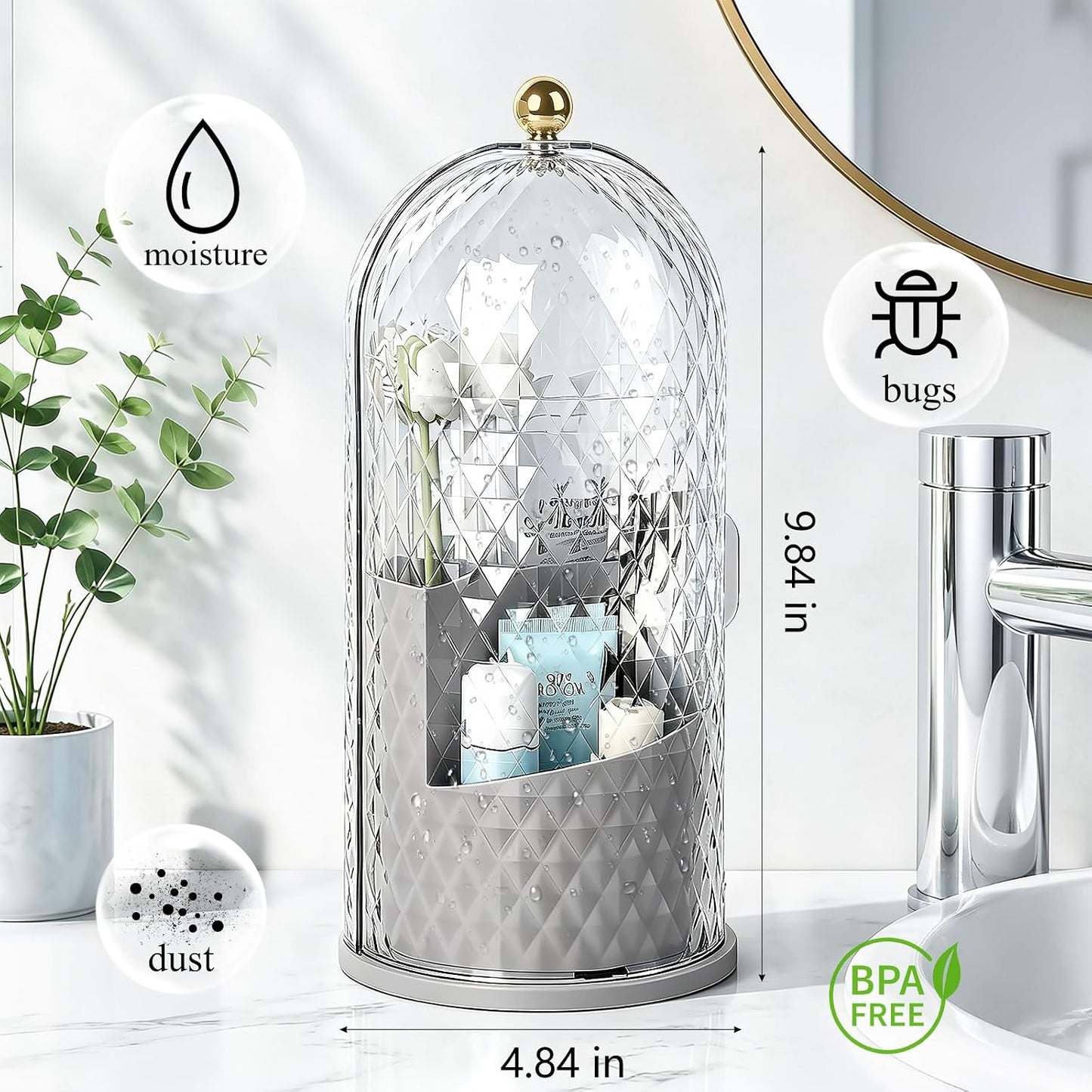 Toothbrush Holder with Cover for Bathroom Countertop, Organizer, White | Rotating 3 Slot Holder for Electric Toothbrushes, Toothpaste, Self Draining Vanity Organizer, Makeup Brush Storage