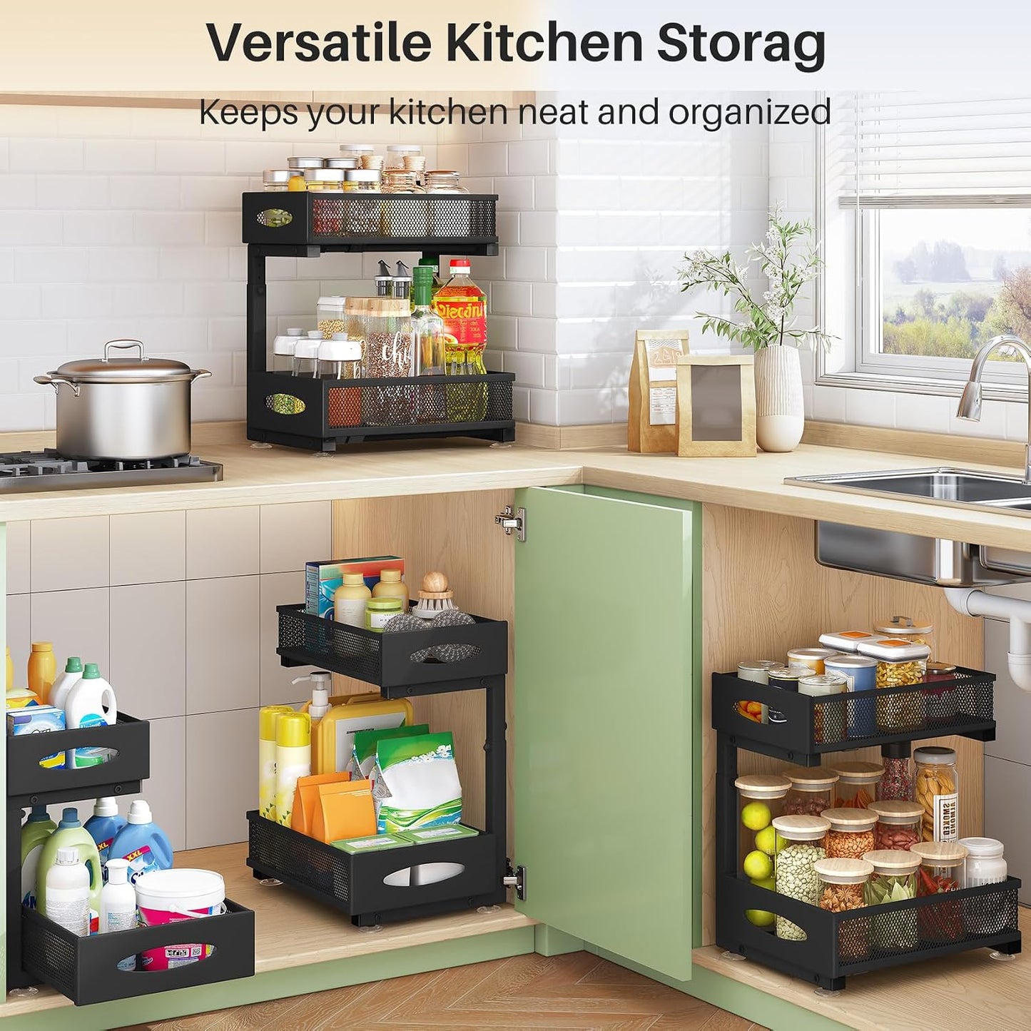 Under Sink Organizer, 2 Tier Pull out Cabinet Organizer Baskets with Mesh Sliding Drawers, Slide out Storage Shelf for Home, Kitchen, Bathroom, Pantry, Office Cabinet, Countertop(1 Pack)