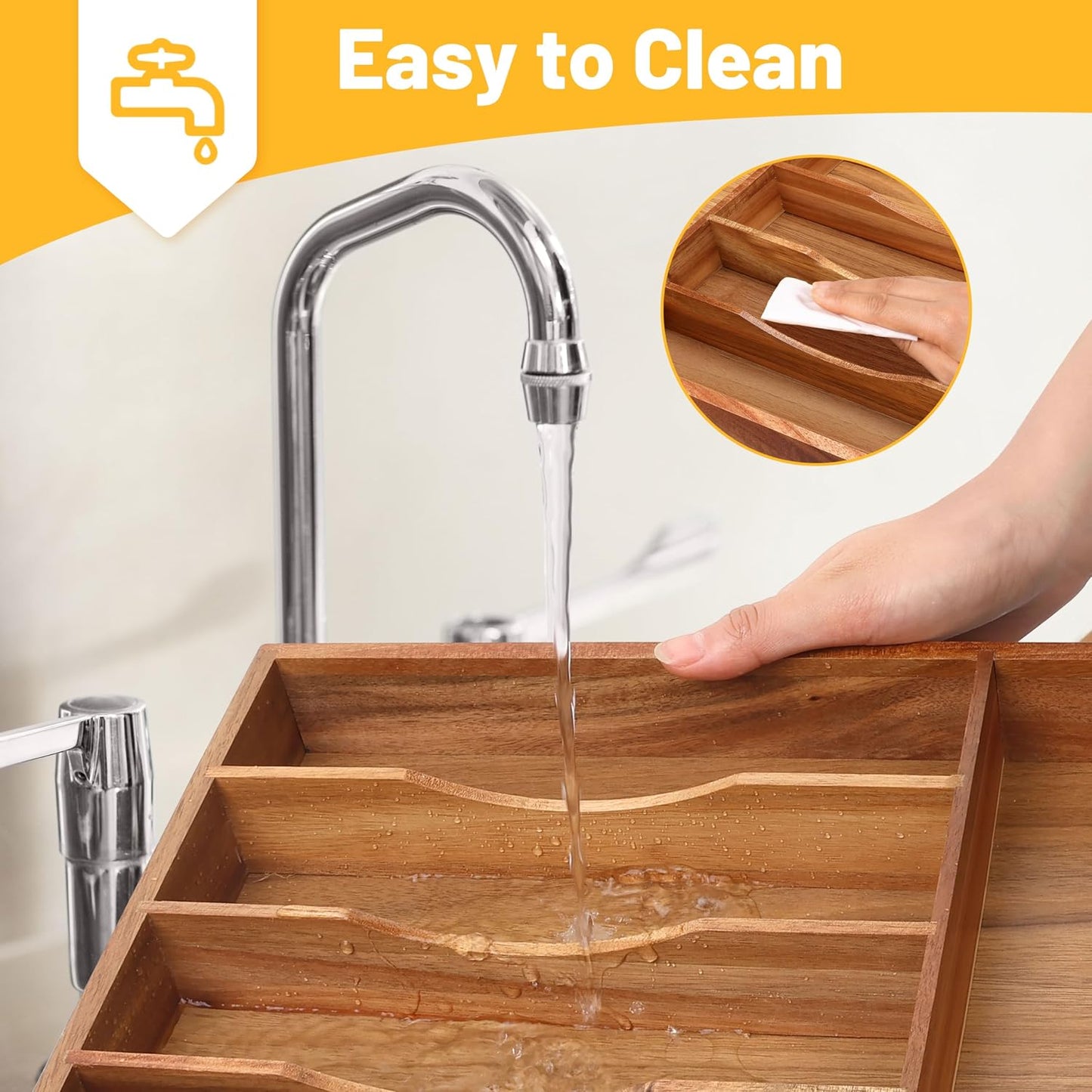 Expandable Bamboo Kitchen Drawer Organizer for Cutlery and Utensils, Adjustable Bamboo Wood Cutlery Tray in Drawer for Flatware and Silverware in Kitchen, (Natural)