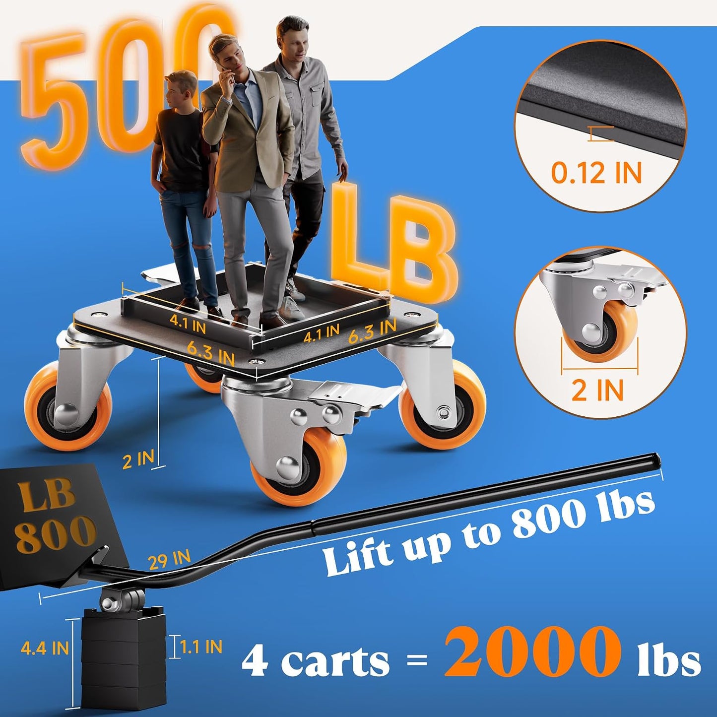 Furniture Movers with Wheels, Upgraded Guardrails for No Slips, Heavy Duty Furniture Dolly, Furniture Sliders with Wheels, Furniture Lifter Tool Included (Orange, 6.3" × 6.3" Pro)