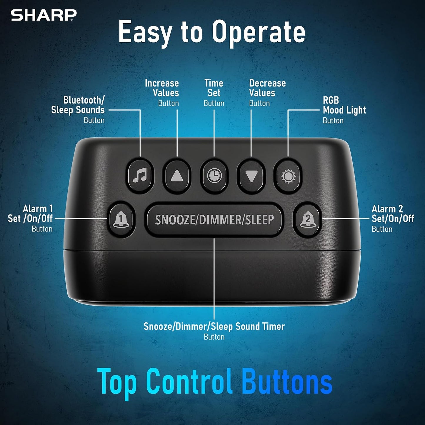 Sharp RGB Alarm Clock with Bluetooth Speaker, Sleep Sounds, Night Light | 9 color modes, 2 wake times, 15-60 min timer, 4-step dimmer, white LED display, bedroom, dorm, office, kids room, bedside use