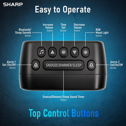 Sharp RGB Alarm Clock with Bluetooth Speaker, Sleep Sounds, Night Light | 9 color modes, 2 wake times, 15-60 min timer, 4-step dimmer, white LED display, bedroom, dorm, office, kids room, bedside use