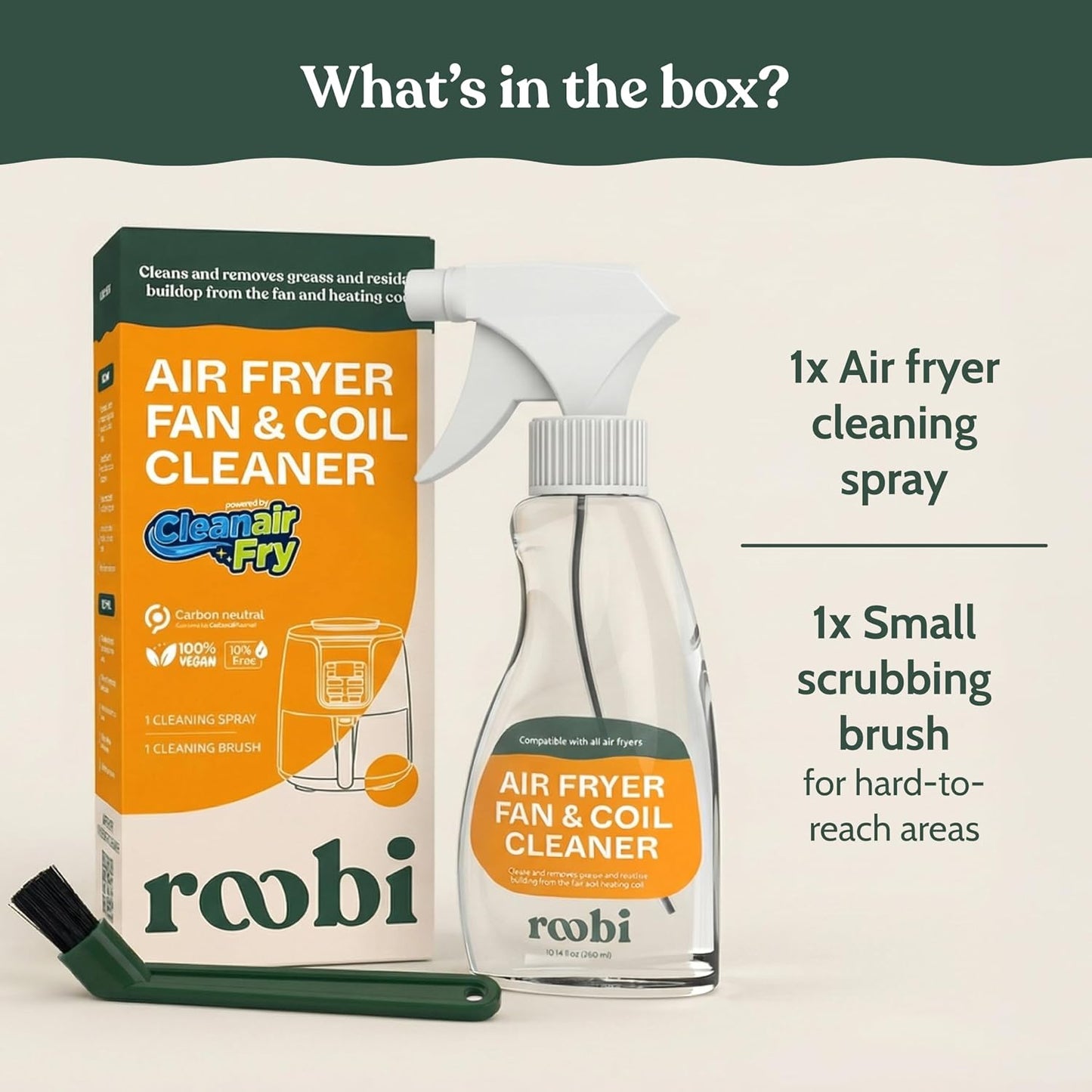 Roobi Air Fryer Cleaner, 6 Powder Sachets + Brush | Deep Cleans Drawer, Basket & Grill Without Scrubbing, Coating-Safe, Food-Contact Safe, Organic