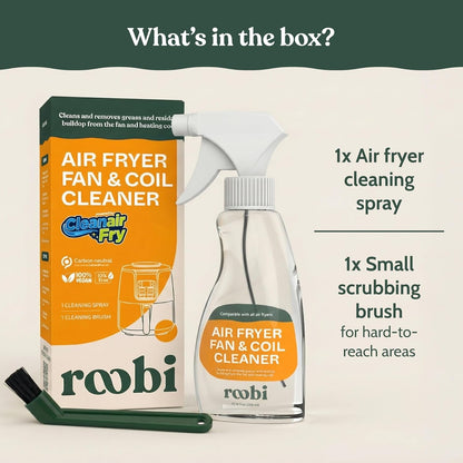 Roobi Air Fryer Cleaner, 6 Powder Sachets + Brush | Deep Cleans Drawer, Basket & Grill Without Scrubbing, Coating-Safe, Food-Contact Safe, Organic