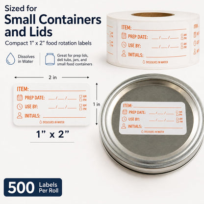 Water Dissolvable Prep & Use By Food Labels, 1 x 2, 500/Roll | Writable Rotation Stickers with Item, Date, AM/PM and Initials for Restaurants, Kitchens, Freezers and Storage. Made in USA