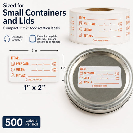 Water Dissolvable Prep & Use By Food Labels, 1 x 2, 500/Roll | Writable Rotation Stickers with Item, Date, AM/PM and Initials for Restaurants, Kitchens, Freezers and Storage. Made in USA