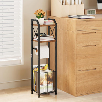 HapiRm Freestanding Toilet Paper Holder - 4-Tier Bathroom Tissue Organizer with Wood Shelves and Large Basket, Toilet Paper Holder Stand for Bathroom, Laundry Room, Apartment - Black（Large）
