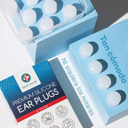 Medi Grade Silicone Ear Plugs for Sleeping, 6 Pairs, Block Out Snoring 27dB | Custom fit soft silicone ear plugs, noise reduction earplugs, moldable silicone ear plugs for nighttime to block snoring