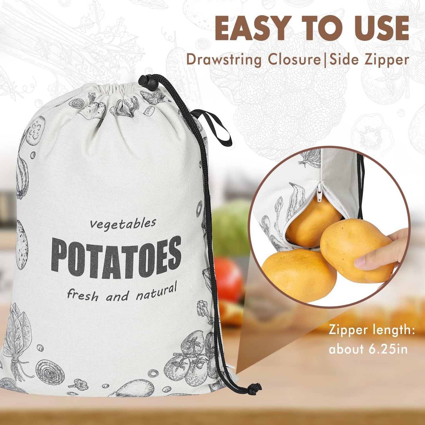 TOGETRUE Potato Onion Storage Bag, Washable Canvas Onion and Potato Storage Bag, Drawstring Garlic Onions Potatoes Keeper with Side Zipper for Pantry, Kitchen, Refrigerator (Potato Onion Bag)